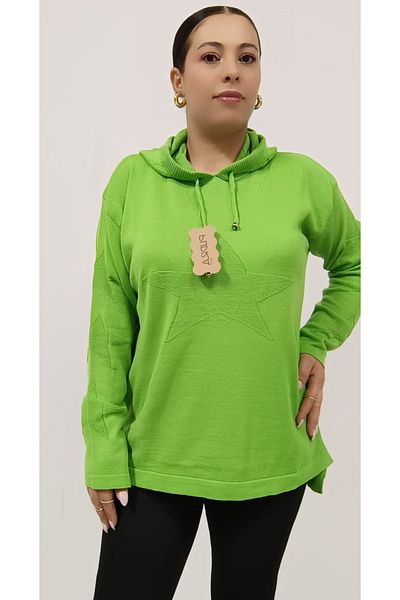 AKŞEN GİYİM Plus Size Seasonal Thin Knitwear Woven Hooded Star Printed Tunic Size Sweater