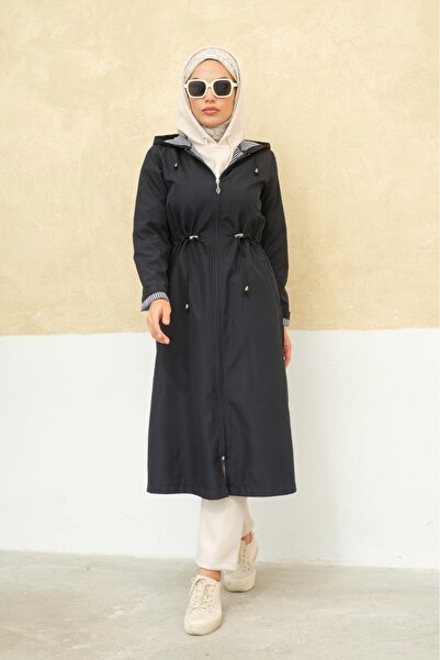 ALNİSS COLLECTİON Büyük Beden Fermuarlı Kendinden Astarlı Uzun Tesettür Trençkot