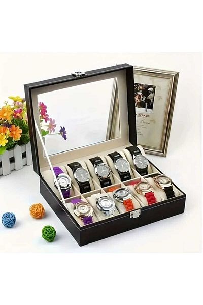 zyc Watch Storage Box with 10 Slots Luxury Leather Glass Lid Stylish Design