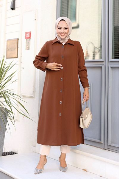 ALNİSS COLLECTİON تونيك حجاب طويل - أزرار مربعة