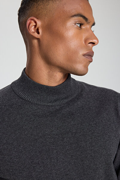 ALTINYILDIZ CLASSICS Pulover pentru bărbați, din bumbac, antracit-melange, cu croiala normală, cu jumătate de gât țesut