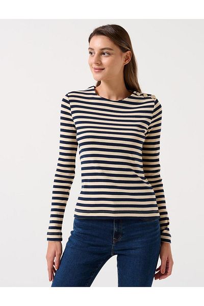 Jimmy Key Sötétkék Slim Fit Crew nyakú csíkos kötött blúz