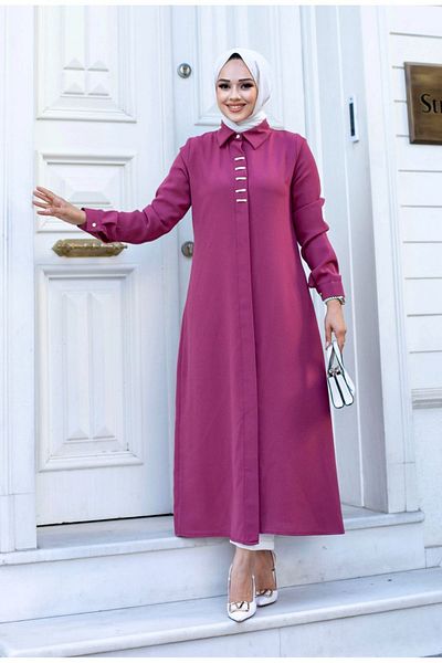 ALNİSS COLLECTİON Long Ferace Tunic with Buckle Detail on the Front and Hidden Buttons