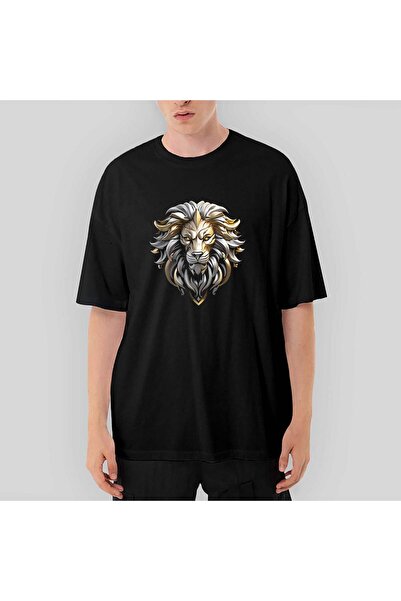 CrowsGate Tricou negru oversize Leu argintiu și auriu