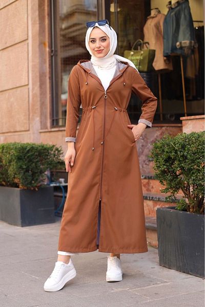 ALNİSS COLLECTİON Ολόσωμη ριγέ κουκούλα μακριά καμπαρντίνα - Λεπτομέρεια στον αστράγαλο