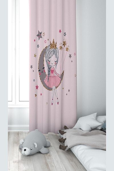 Pelangi Girl Sitting on the Pink Moon Patterned Digital Printing Washable Baby Kids Room Background Curtain