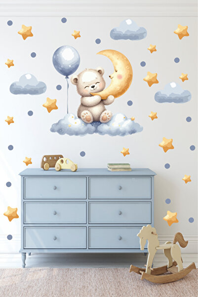 Ayza Tasarım لطيف تيدي بير - مجموعة ملصقات غرفة الأطفال في السماء، ملصق حائط