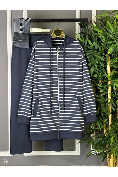 bergibo New Season Full Size Zippered & Hooded Striped Sweat Pants Double Set