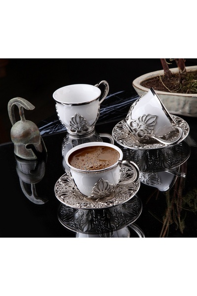 İnova Home Decor طقم فناجين قهوة باللون الفضي والأبيض من Ahu