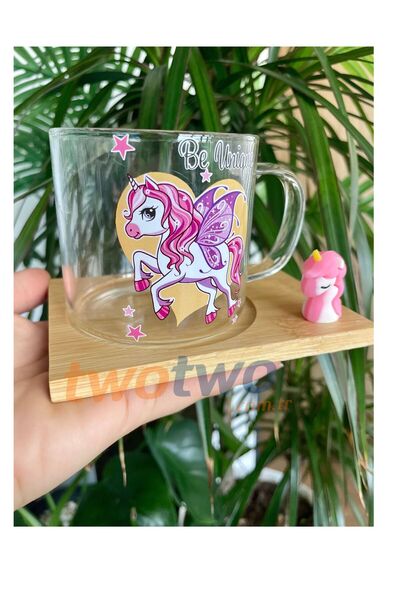 Two Two Unicorn Tasarım Ahşap Altlıklı Kaşıklı Cam Kupa Bardak-Renkli At-içecek sunum Kahve çay
