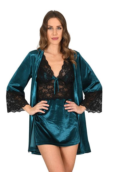 Sistina Petrol Green Velvet Dressing Gown & Nightgown Set of 2 - 1443 - Size XL Hnzrn
