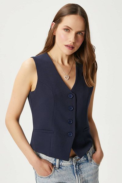 Ritnice Women's Style Navy Blue Lined Woven Vest