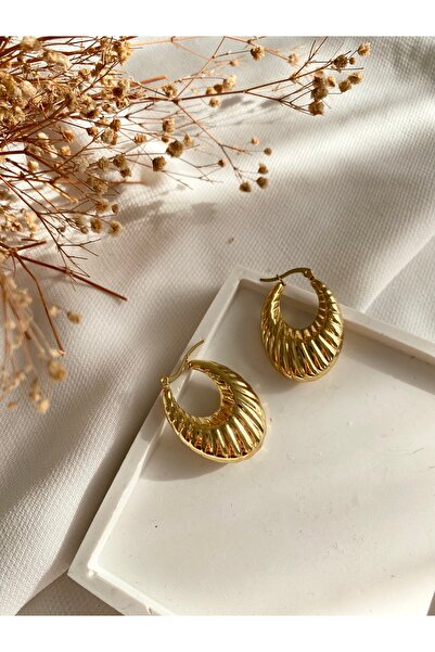 saren aksesuar Kadın vintage oval tırtıklı halka küpe çelik küpe gold