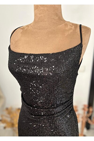 Arestill Siyah abiye mini, pullu payetli, askılı, sırt dekolteli, drapeli elbise