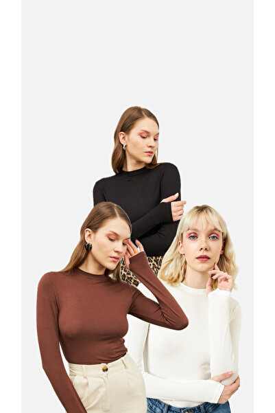 Bukamiss Siyah Beyaz  Kahverengi 3'lü Parmak Detaylı Body