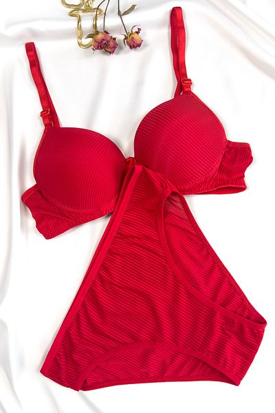 LikeSwan Underwire Supported Red Striped Bra Set