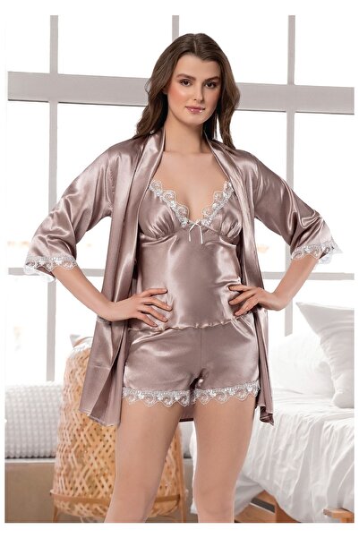 ROZELT 3-Piece Satin Lace Detailed Shorts Set - 3603 Mink with Dressing Gown