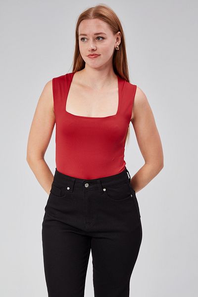 Maison La Femme Red Lined Zero Sleeve Square Collar Low-Cut Snap Bodysuit