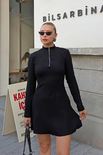 Swist Γυναικείο Μίνι Φόρεμα Μαύρο Μισό Φερμουάρ