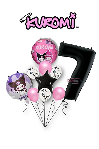 PARTİAVM Kuromi Balon Pembe  Siyah Pullu Balon - Siyah Rakam Balon ve Pembe B...