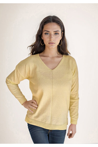 T Guel Women's Yellow Cotton V-Neck Thin Sweater