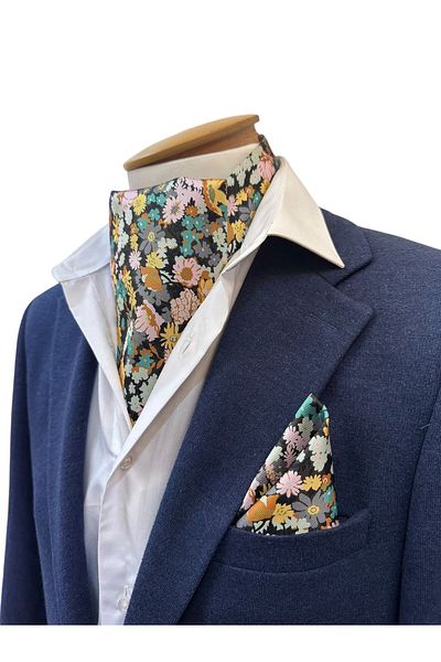 TMFASHİON Men's Floral Patterned Self Tied Neck Monşer Ascot Scarf Pocket Handkerchief Set
