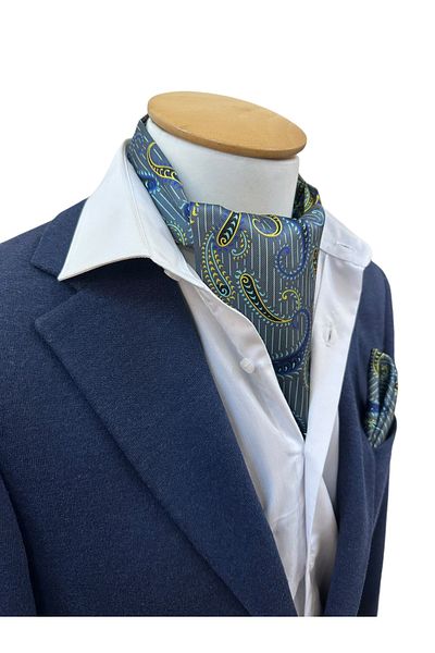 TMFASHİON Men's Striped Shawl Pattern Self Tied Neck Monşer Ascot Scarf Pocket Handkerchief Set