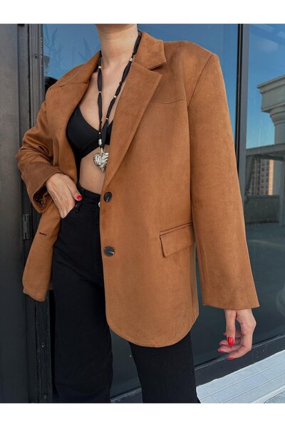 Askı Nişantaşı Tile Tan Blazer Model Lined Suede Jacket