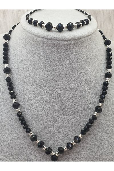 HAPPY HANDMADE 45cm Necklace and 20cm Bracelet - Silver Black Crystal Evening Dress Set Set of 2 Gift