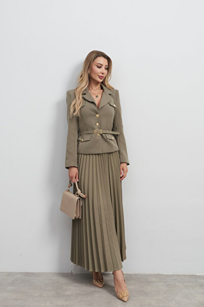 Rabia Çelik Women's Green Gold Buttoned Belted Jacket Skirt Bottom Top Set