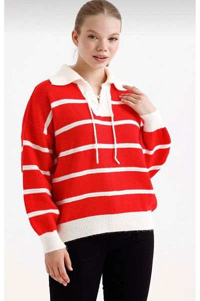ASM Fashion Women's Striped Lace-Up Sweater
