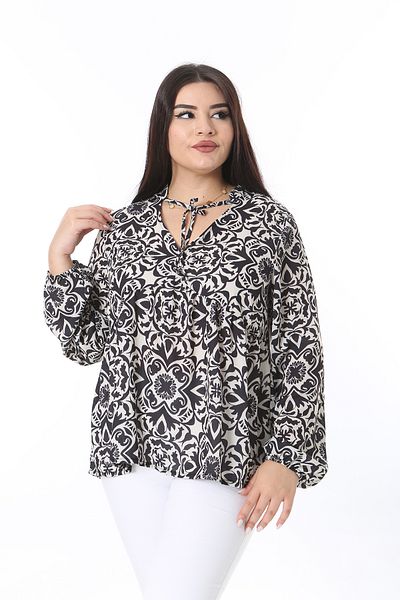 Şans Women's Large Size Black Collar and Waist Detailed Crepe Blouse 65N38361