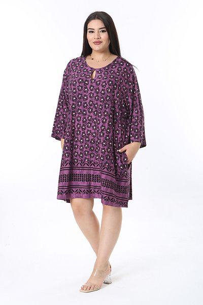 Şans Women's Plus Size Plum Kiss Collar Capri Sleeve Tunic Dress 65N38357