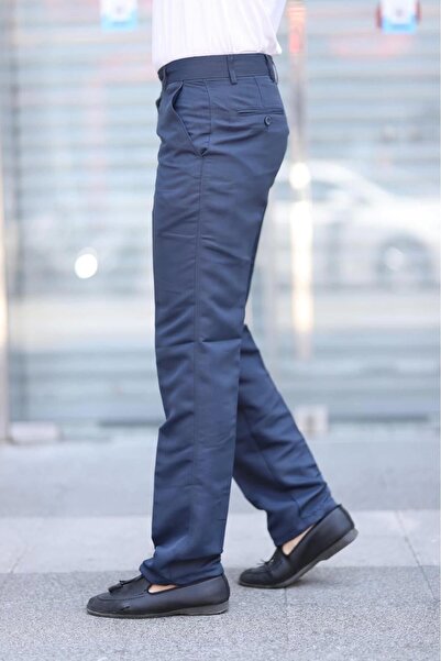 PHANTOM JEANS Klasik Kesim Indigo Mavi Mevsimlik Yan Cepli Keten Poliviskon Kumaş Baba Pantolonu Kumaş Pantolon