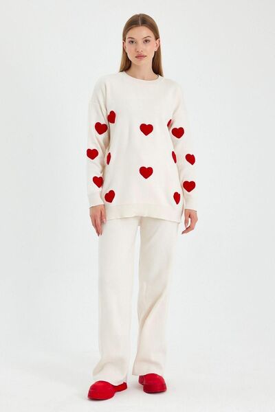 Hazinedan Γυναικείο Πλεκτό Παντελόνι Πουλόβερ Λευκή Καρδιά Τοπ Σετ Κατάλληλο για Μουσουλμανικό