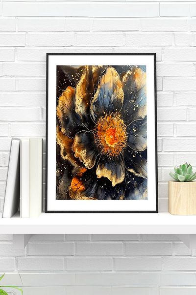 Nod Black Ink Patterns Coated Flower Painting in Gold Glitters, Decorative Wall Ornament