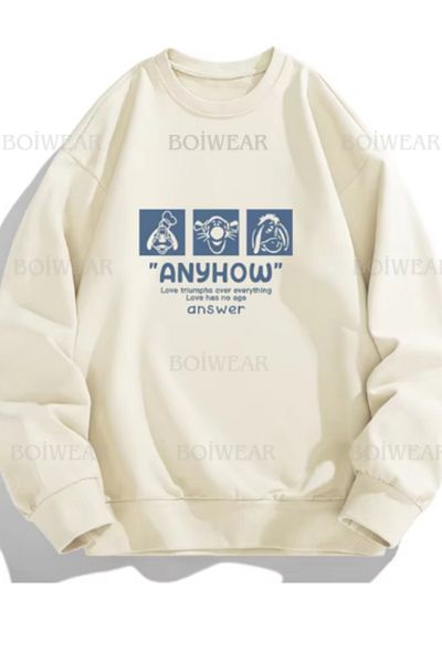 Boi Oversize 3 Thread Thick Sweatshirt - Crew Neck, Cartoon Printed, Λευκό Μαύρο Γκρι - Παντού Φούτερ