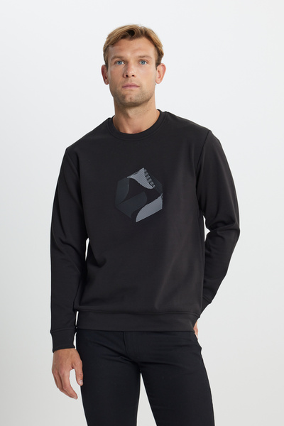 ALTINYILDIZ CLASSICS Men's Black Cotton Standard Fit Regular Cut Crew Neck Printed Sweatshirt