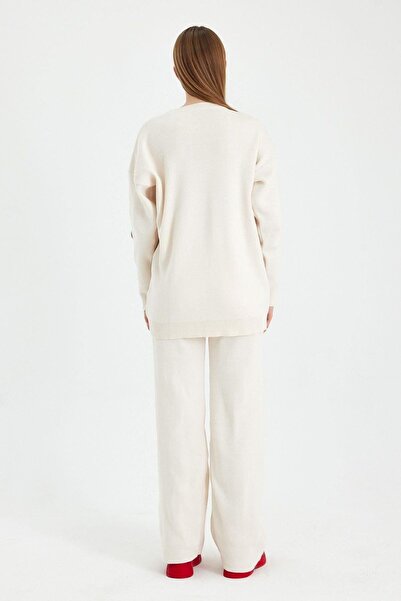 Hazinedan Γυναικείο Πλεκτό Παντελόνι Πουλόβερ Λευκή Καρδιά Τοπ Σετ Κατάλληλο για Μουσουλμανικό