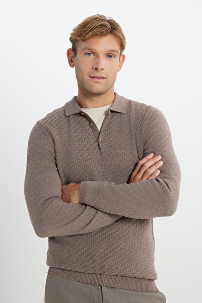 ALTINYILDIZ CLASSICS Erkek Vizon Pamuklu Standart Fit Normal Kesim Polo Yaka Armürlü Triko Kazak