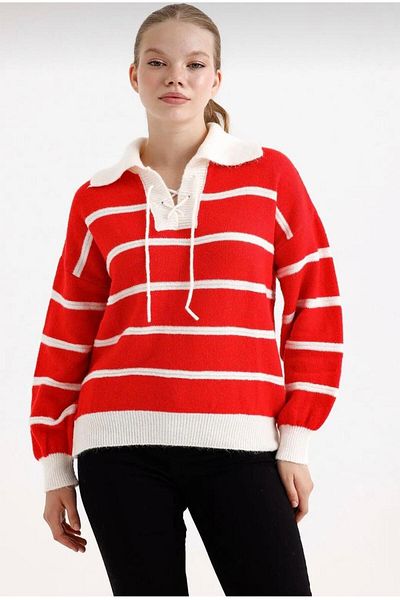 ASM Fashion Women's Striped Lace-Up Sweater