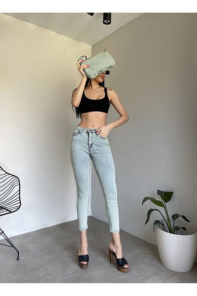 Vespo Women's Summer Light Blue High and Flexible Waist Narrow Leg Jeans Women