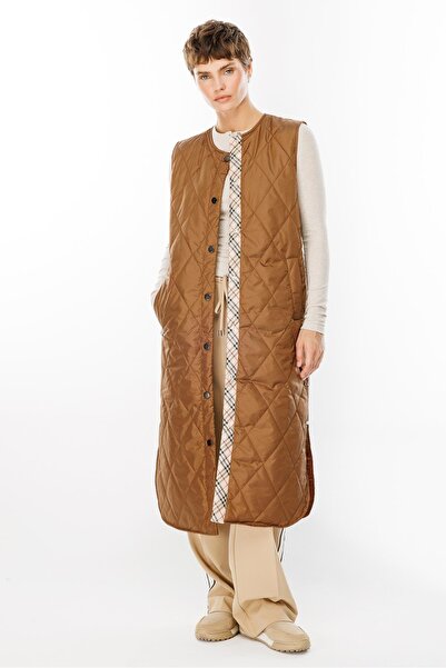 Micca Unique 24 Garni Detaylı Kapitone Uzun Tüm Zamanlar İçin Spor Yelek-Toprak