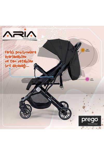 Prego Aria Siyah Hafif Tek Elle Katlanır Kabin Boy Bebek Arabası Yağmurluk ve Çanta
