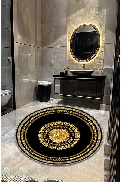Artızon Black Gold Decorative Modern Vintage Retro Design Non-Slip Base 100 cm Round Bath Mat