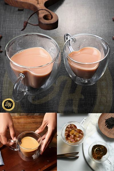M Mimoza Park 2 Pieces - Heart Double Wall Transparent Espresso Glass Cup Office Home Coffee 180 ML