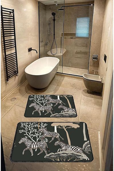 BigArts Home Black Decorative Modern Non-Slip Base Washable Bath Mat Set - 50X60/60X90 cm