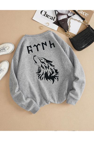 Massgai Unisex Ulu Kurt Τουρκική στάμπα με λαιμόκοψη Oversize φούτερ με κουκούλα