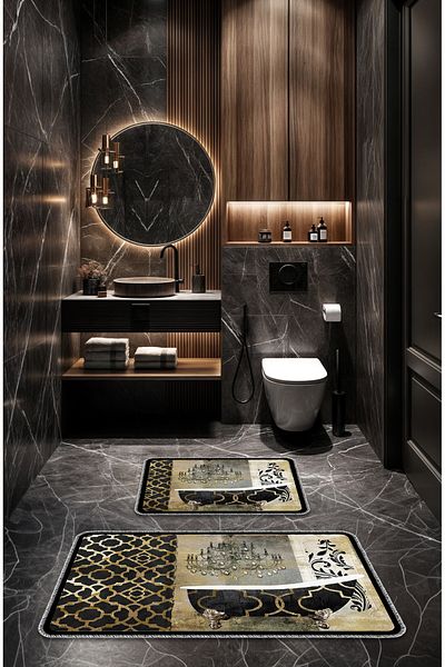 BigArts Home Covoraș de baie lavabil cu bază anti-alunecare cu design modern - Aur negru 50x60-60x90 Cm