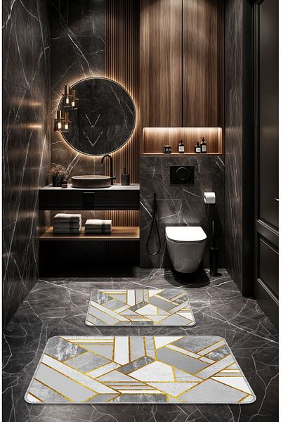 BigArts Home Modern Decorative Non-Slip Based Washable Bath Mat - Gray Gold 50X60-60X90 cm